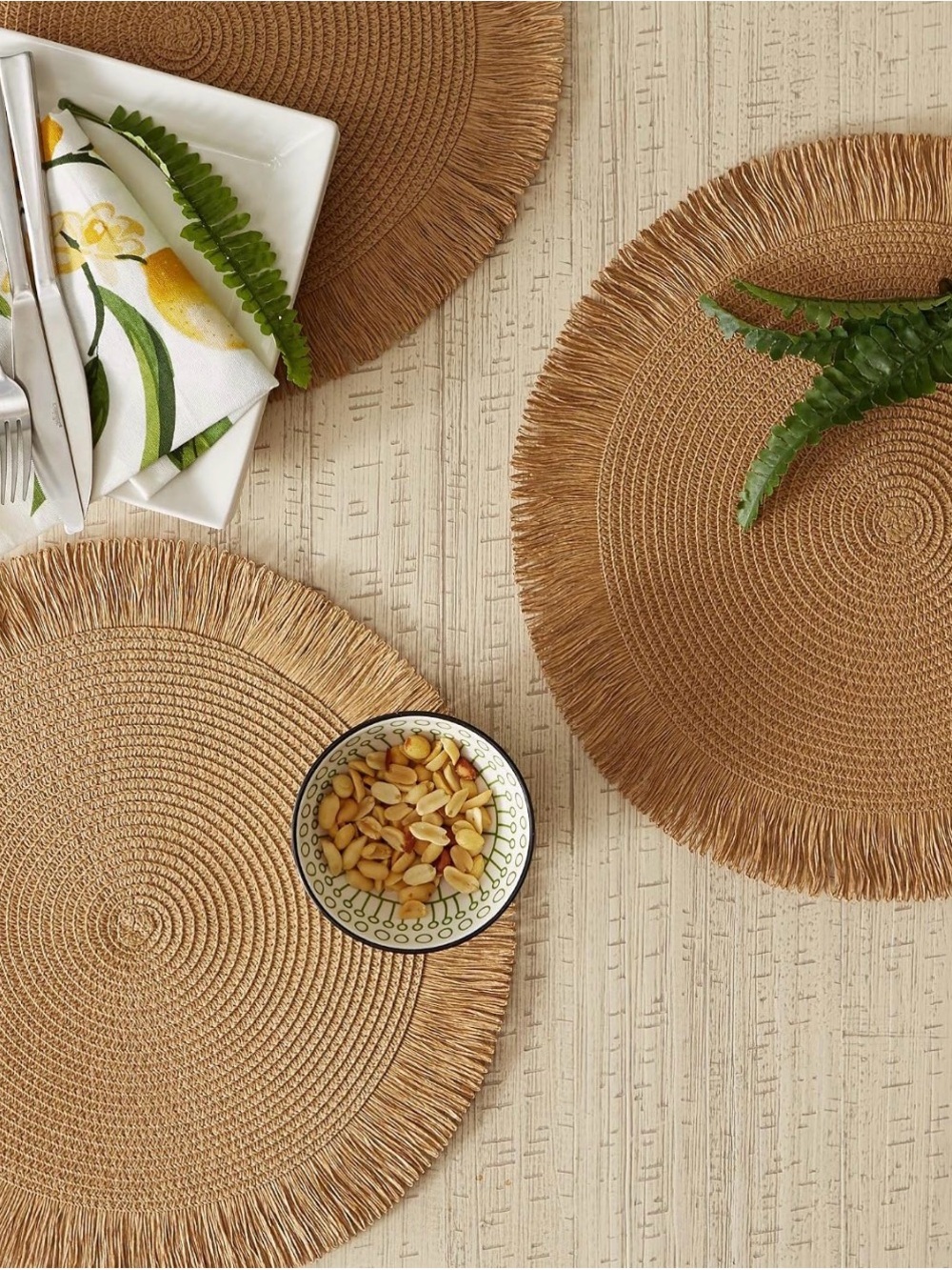 Woven Kitchen Collection Round Placemat Set, 14”Round, Natural Fringe, 6 Piece